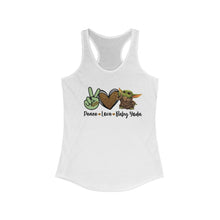 Load image into Gallery viewer, Peace, Love & Yoda Racerback Tank