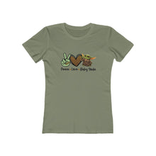 Load image into Gallery viewer, Peace, Love &amp; Yoda Women&#39;s Tee
