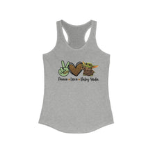 Load image into Gallery viewer, Peace, Love &amp; Yoda Racerback Tank

