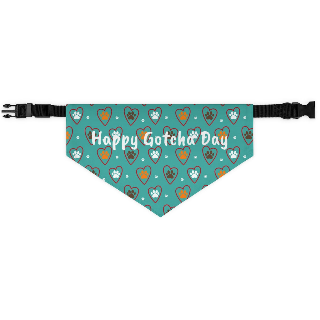 Happy Gotcha Day Teal Paw Hearts Dog Bandana