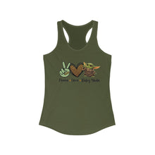 Load image into Gallery viewer, Peace, Love &amp; Yoda Racerback Tank
